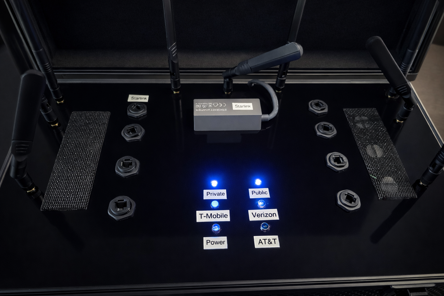 NetCrate status panel showing Private, Public, T-Mobile, Verizon, AT&T and Power LED indicators